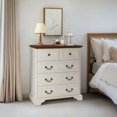 Modern White 5 Drawer Dresser Bathrooom Cabinet Ample Storage Wide Chest of Drawers