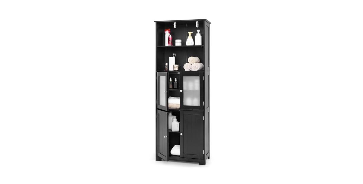 6-Tier Freestanding Bathroom Cabinet with 2 Open Compartments and Adjustable Shelves - Black