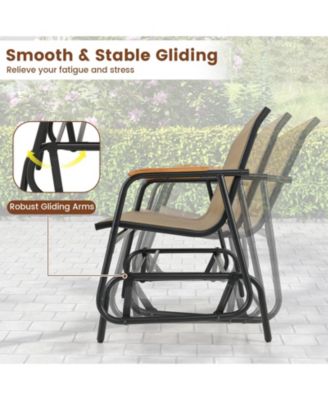 Patio Glider Bench with Curved Teak Armrests and Breathable Fabric Seat for 2 People