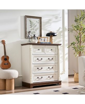 Farmhouse Style 5 Drawer Dresser Bathrooom Cabinet Chest with Base Wooden Rustic Chest of Drawers, Storage Dresser Organizer