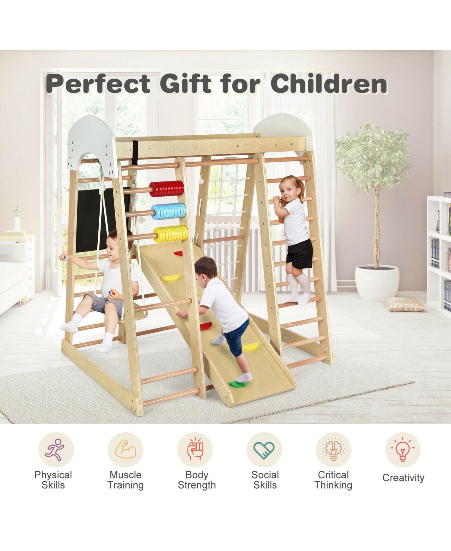 Детский игровой набор Mecale 8-in-1 Wooden Climber Play Set with Slide and Swing, Supports 110 lbs, Ages 3+, цвет: Натуральный — фото 8