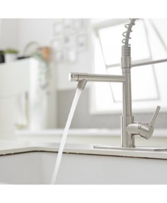 Contemporary Single Handle Pull-Down Spring Faucet with Sprayer and Deck Plate Commercial Kitchen Faucet