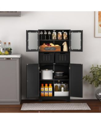 4 Door Freestanding Bathroom Floor Storage Cabinet with 2 Drawers and Glass Doors