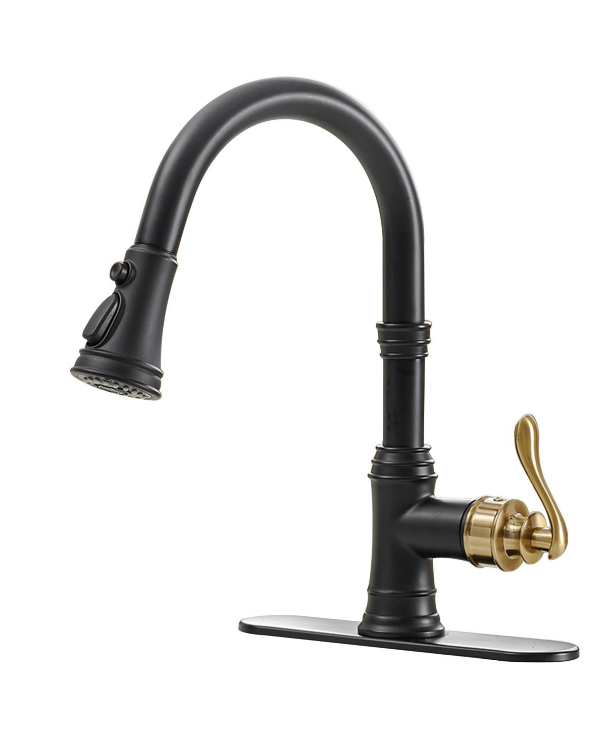 Single-Handle Pull-Down Sprayer 3 Spray High Arc Kitchen Faucet With Deck Plate in Oil Gold&Black - Black gold