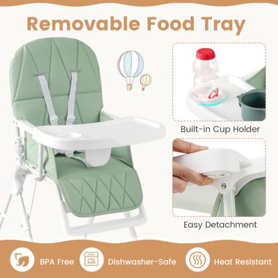 Toddler Easy Clean Compact Highchair with Removable Adjustable Tray and PU Seat Cushion