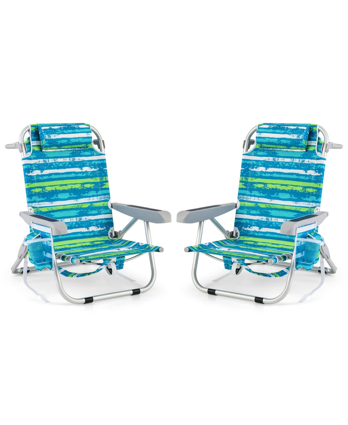 Foldable Backpack Beach Chair with Cup Holder and Storage Pockets Set of 2 - Navy