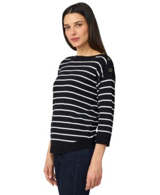 Women's Striped Button-Shoulder Boatneck 3/4-Sleeve Sweater