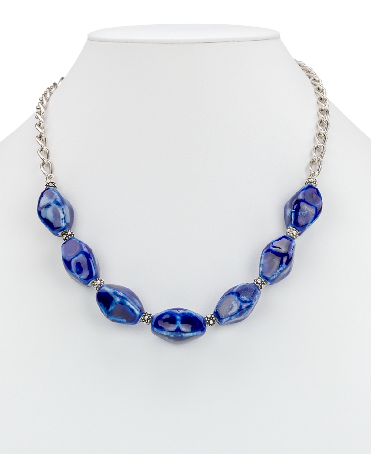 Patricia Nash Short Blue Ceramic Bead Necklace In Silver