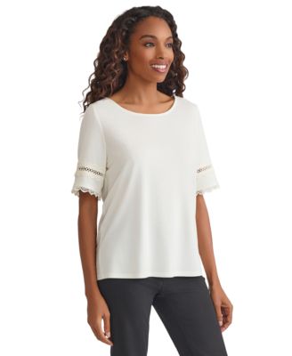 Petite Lace-Trim Elbow-Sleeve Knit Top