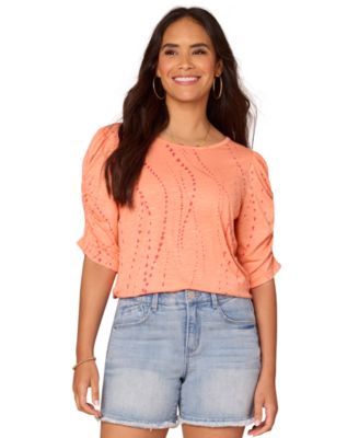 Democracy - Petite Printed Ruched-Sleeve Scoop-Neck Top