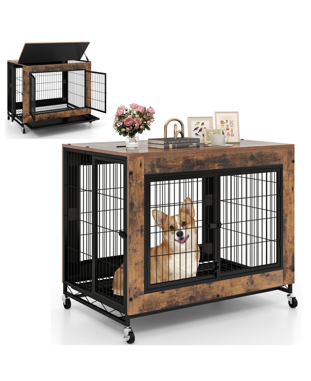 Industrial Dog Kennel with Flip-up Top 3 Lockable Doors and Removable Tray - Brown