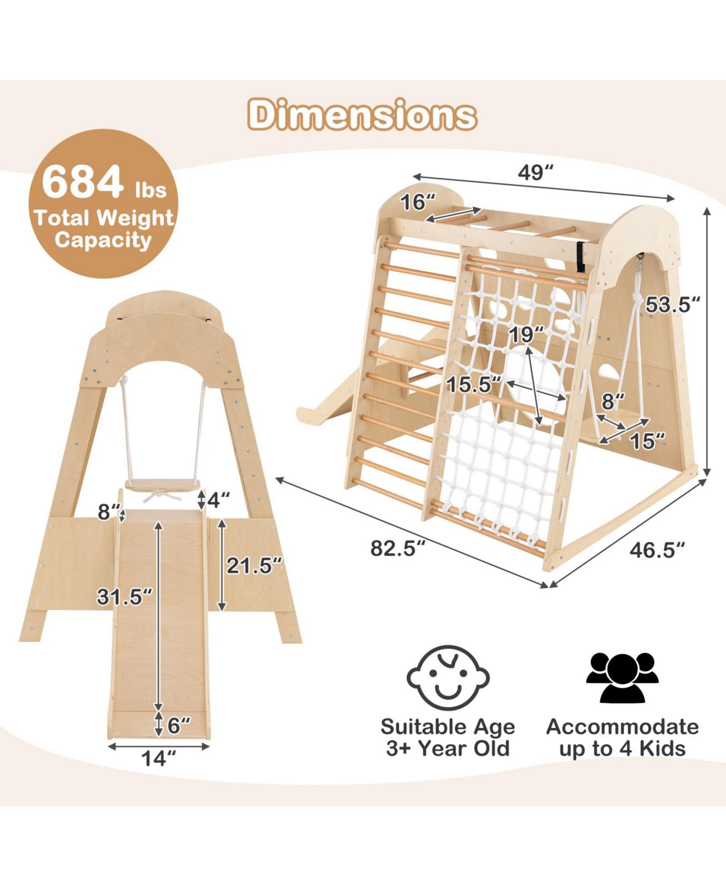 Детская игрушка Slickblue 8-in-1 Indoor Jungle Gym Wooden Playground with Swing and Climbing Wall, цвет: Натуральный — фото 3
