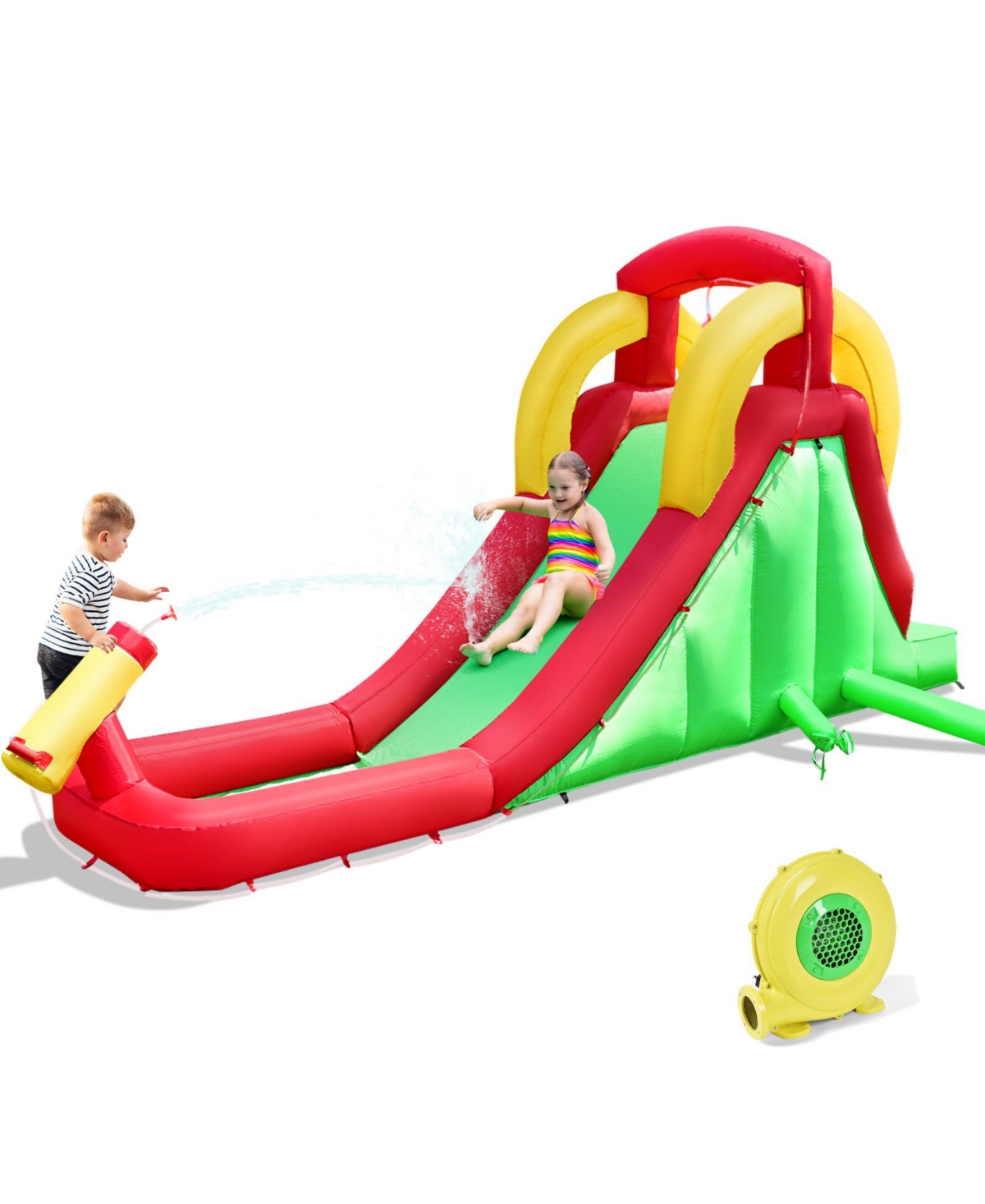 Inflatable Water Slide Bounce House with Climbing Wall Jumper and 480W Blower - Green
