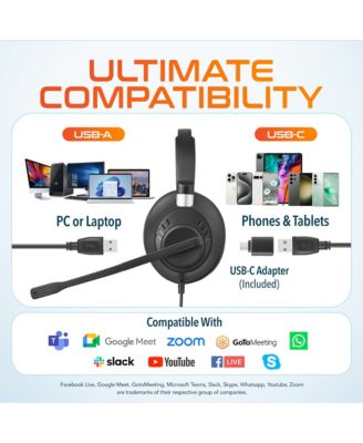 42Y USB Headset with Mic, Hi-Fi Stereo Sound, Over-Ear Computer Headset with Noise Cancelling Microphone, In-Line Controls, Compatible with PC, Laptop, iMac, Tablet & Smartphones - Black