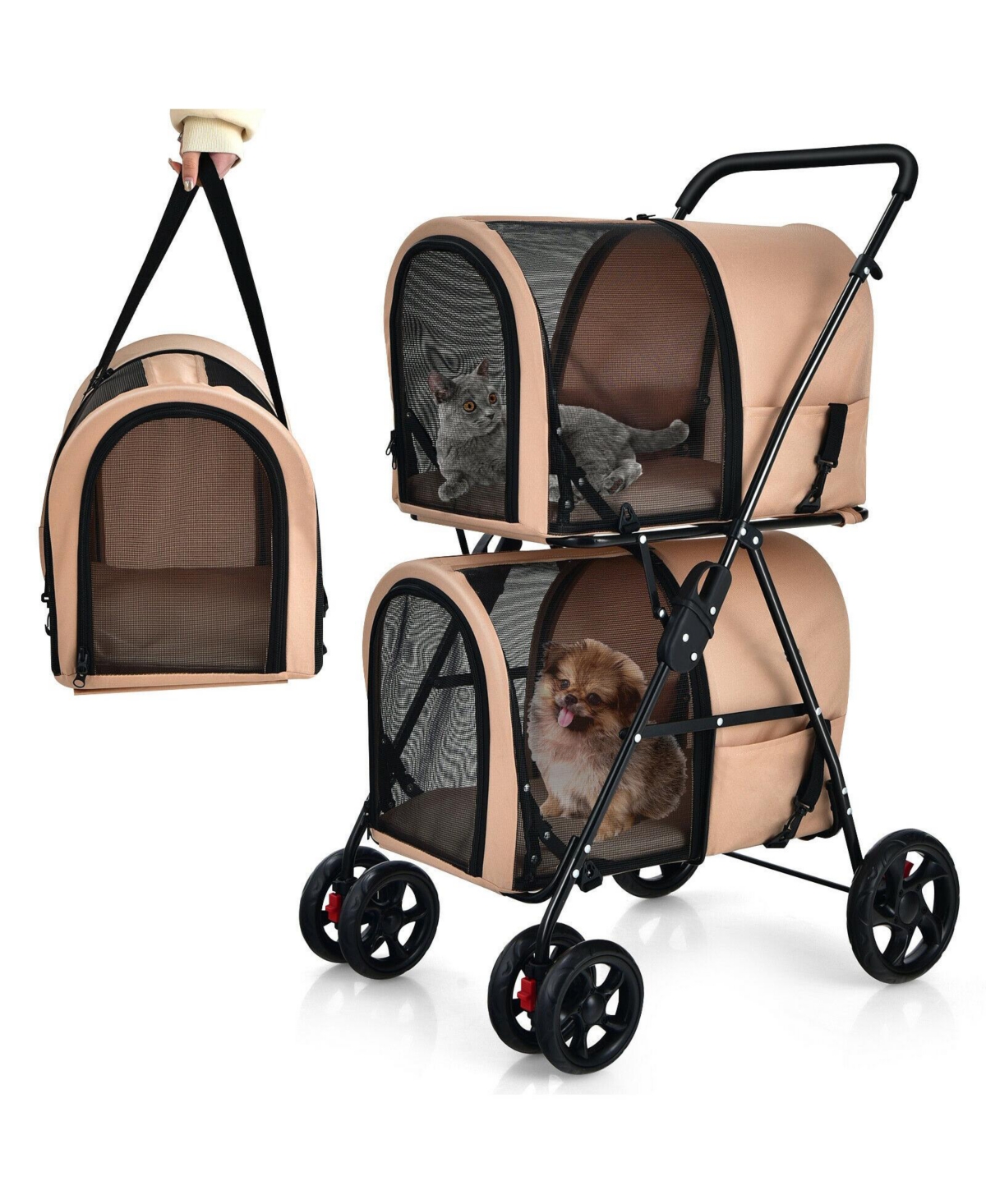 4-in-1 Double Pet Stroller with Detachable Carrier and Travel Carriage - Beige