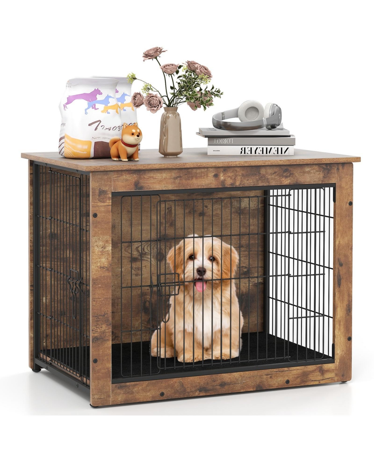 Dog Crate Furniture with Cushion and Double Doors for Small/Medium Dogs - Brown