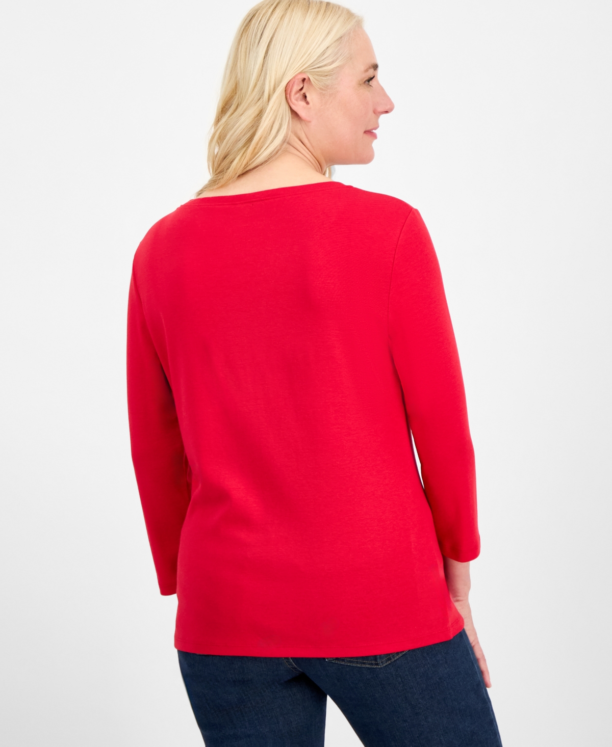 Style & Co Women's Cotton 3/4-sleeve Henley Tee, Created For Macy's In Red