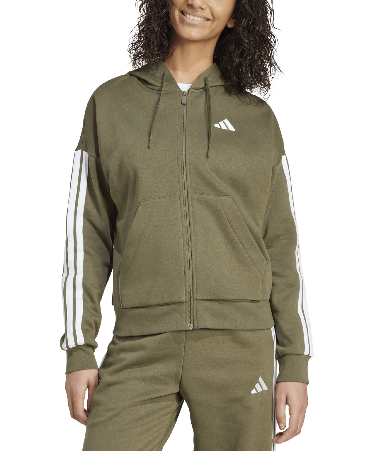 Adidas Originals Women's Essentials 3-stripes Full-zip Fleece Hoodie In Green
