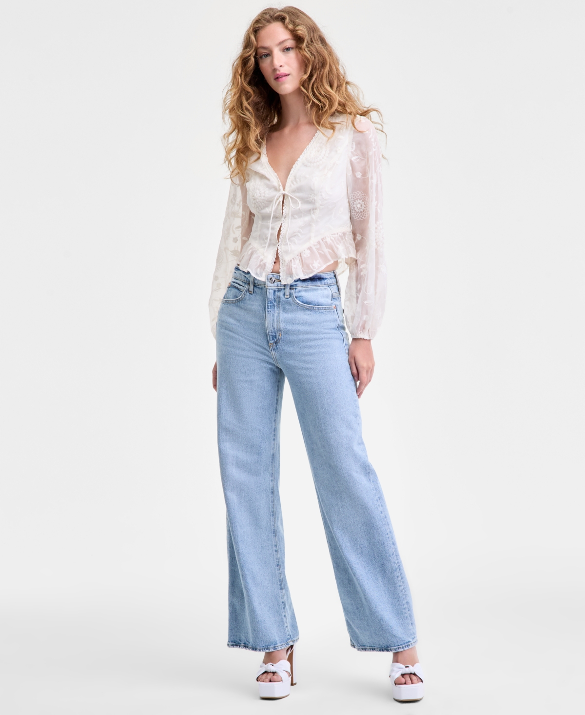 Guess Women's Seiah Embroidered Blouson-sleeve Blouse In White