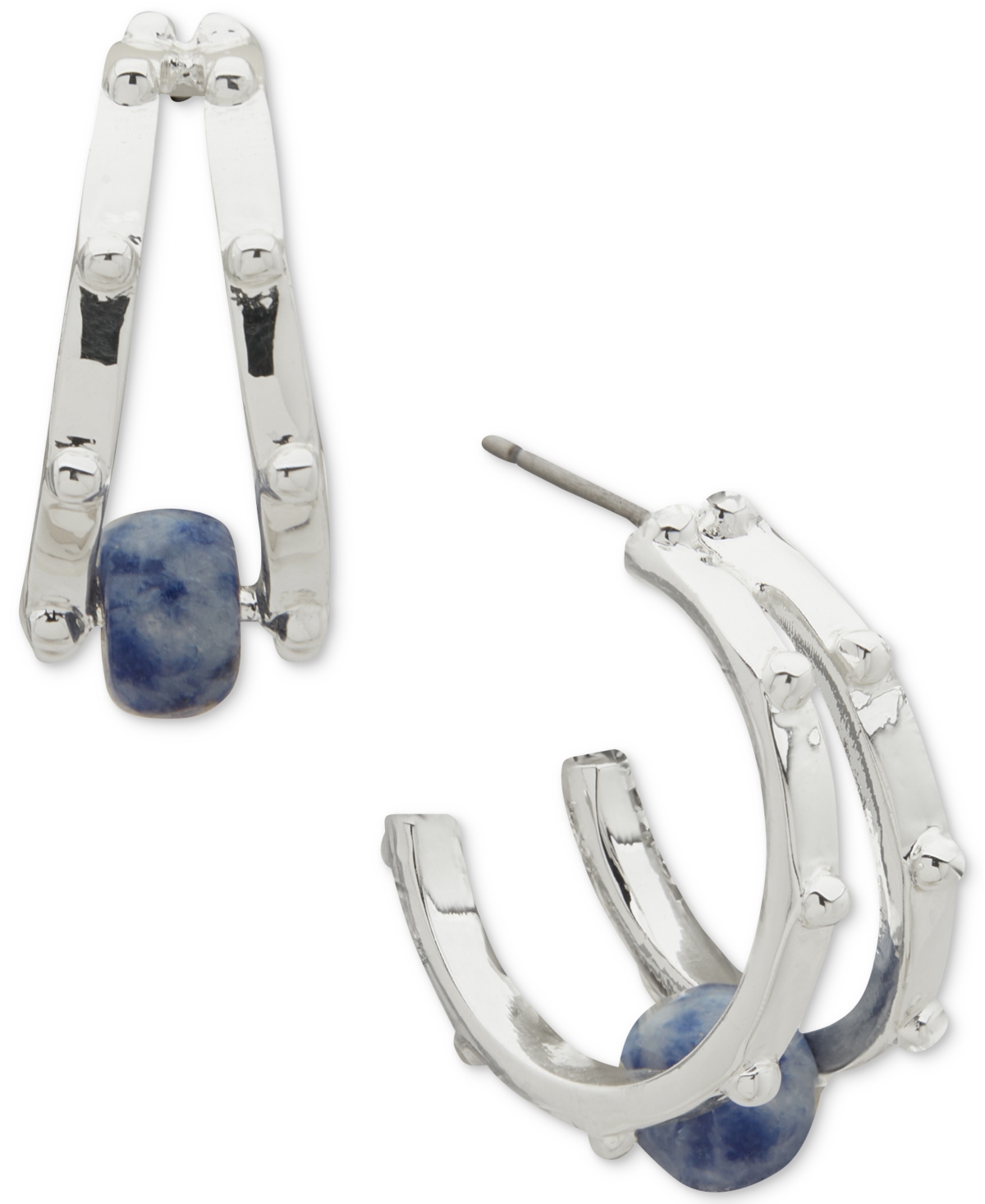 Silver-Tone Blue Beaded Two Row Hoop Earrings - Blue