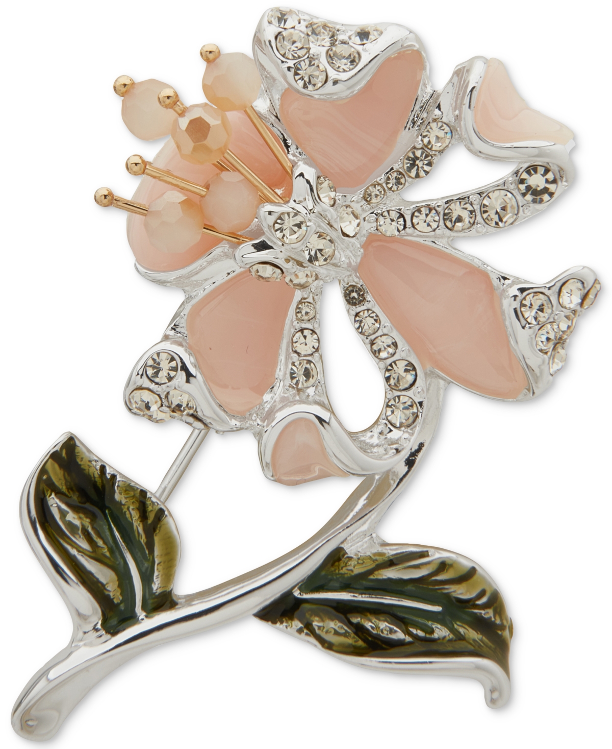 Silver-Tone Pink Crystal Flower Pin - Pink