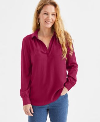 Petite Johnny-Collar Long-Sleeve Top, Exclusively at Macy's 