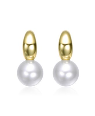 14K Gold Plated with White Pearl Huggie Design Drop Earrings
