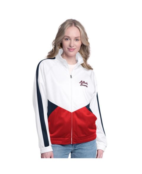 Женские куртки G-III Sports by Carl Banks Women's&nbsp;White/Navy Atlanta Braves Rally Rhinestone Raglan Full-Zip Track Jacket