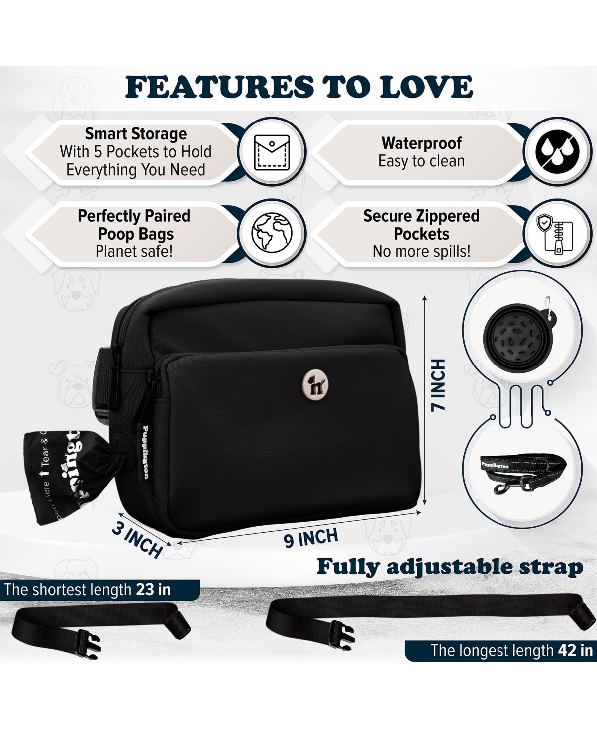 Puppington Walk Star Kit: 3-in-1 Dog Walk Bag & Bowl plus Matching 270 Refill Dog Poop Bags