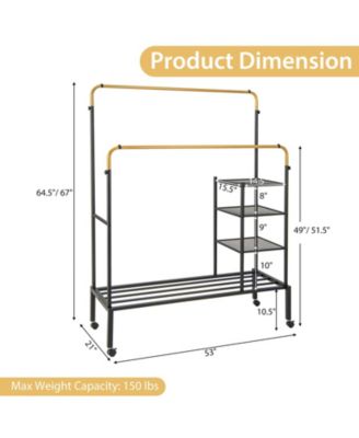 Rolling Double Rods Garment Rack with Height Adjustable Hanging Bars