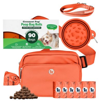 Walk Star Kit: 3-in-1 Dog Walk Bag, Bowl, & Leash plus Matching 90 Refill Dog Poop Bags
