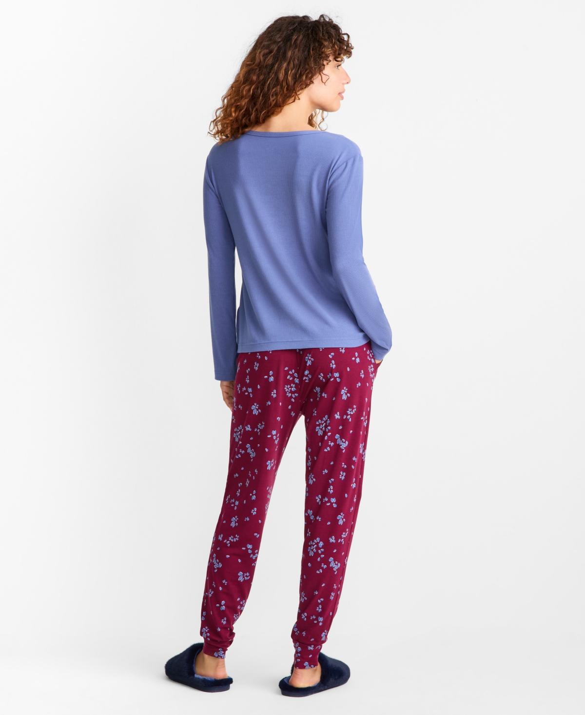 State Of Day Women's Long-sleeve Ribbed Henley Sleep Top Xs-3x, Created For Macy's In Blue