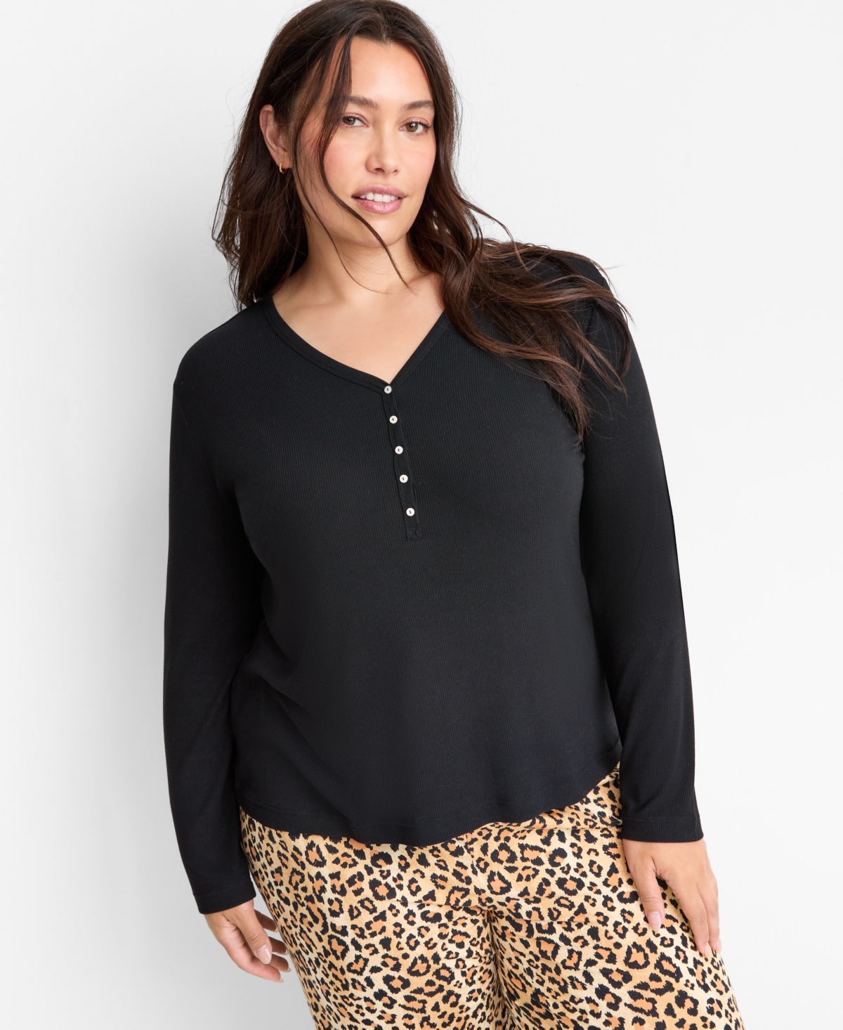 State Of Day Women's Long-sleeve Ribbed Henley Sleep Top Xs-3x, Created For Macy's In Black