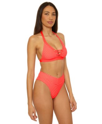Becca Womens Connect Corset Lace Up Bikini Top High Waist Bottoms In Orange