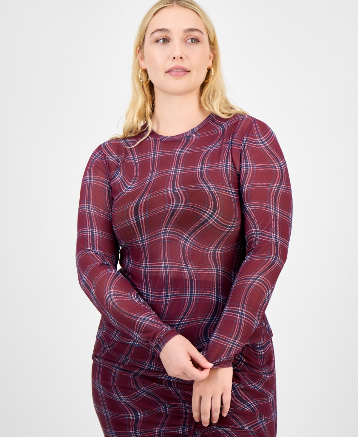 Bar Iii Trendy Plus Plaid Ruched Long-Sleeve Top, Macy's Exclusive