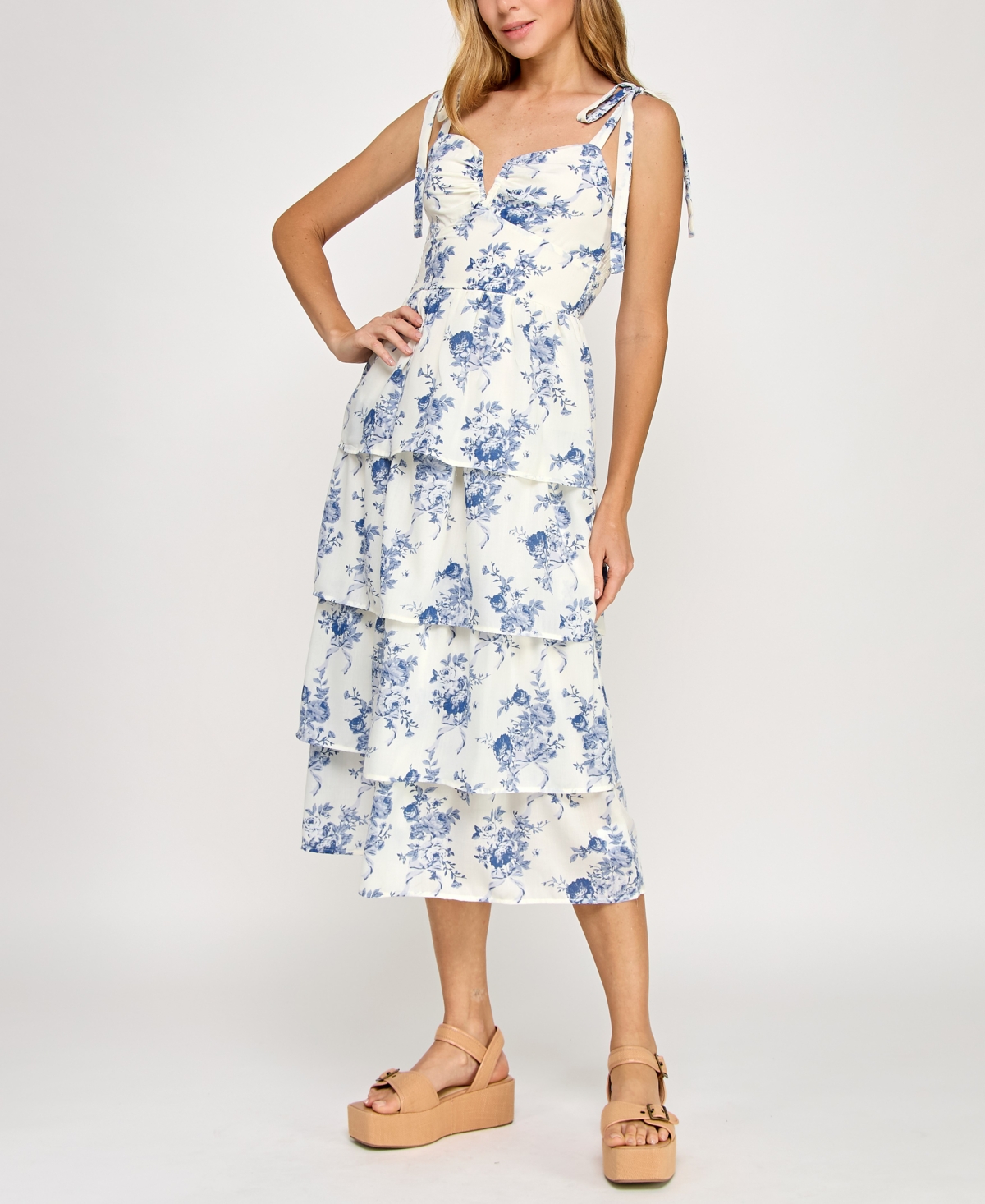 Juniors' Floral Print Tie-Shoulder Tiered Dress - Ivory/deni