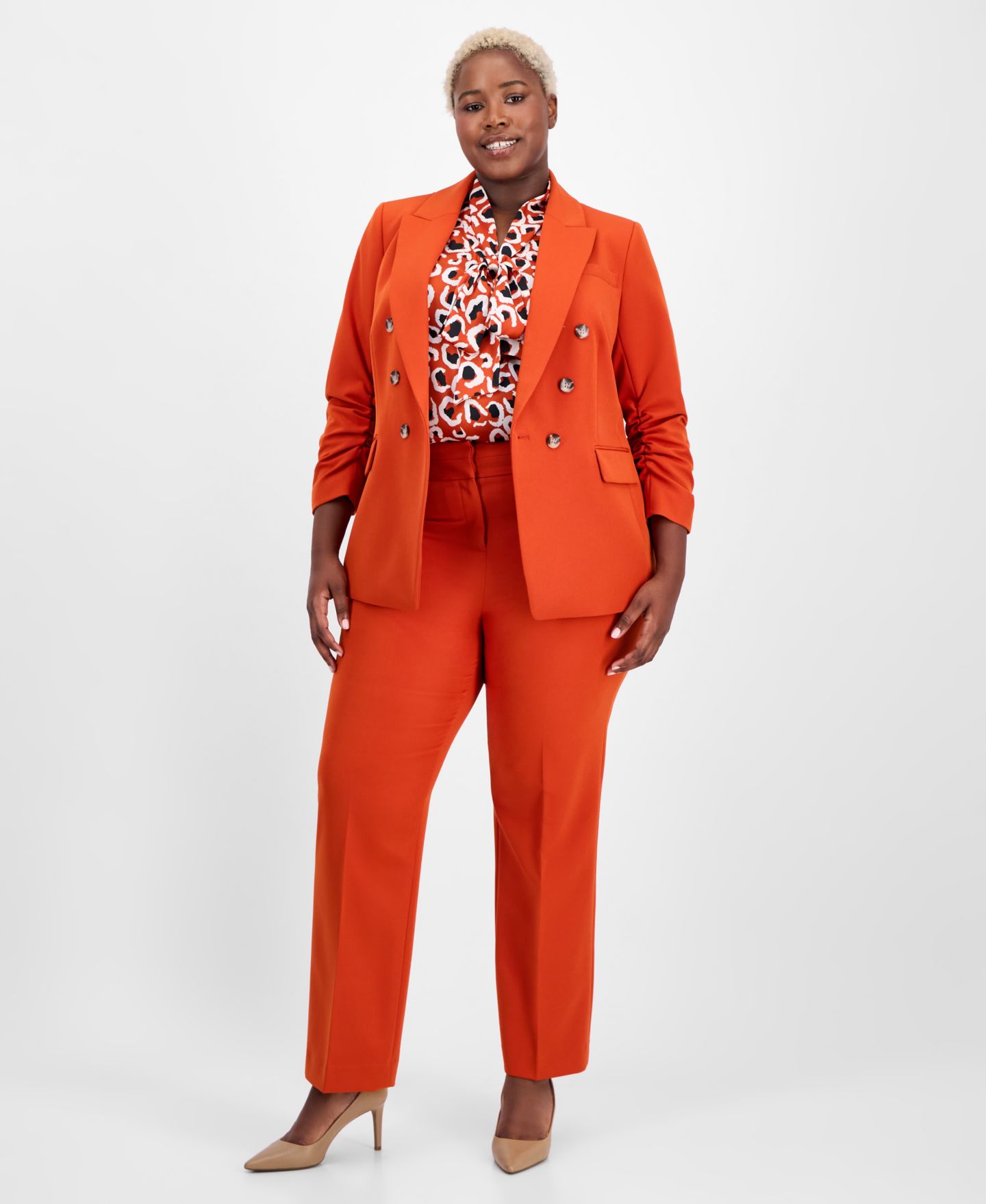 Женский пиджак Tahari ASL Plus Size Double-Breasted Ruched-Sleeve Blazer, цвет: Persimmon — фото 2