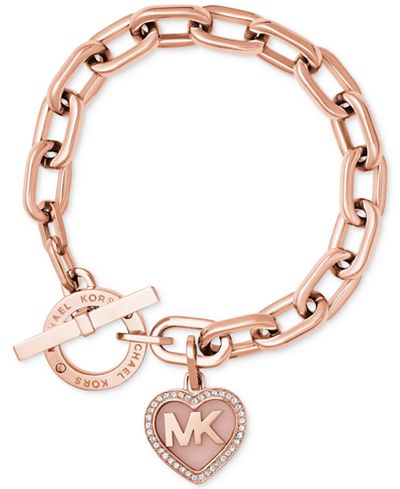 Michael Kors Rose Gold-Tone Pavé Logo Heart Toggle Bracelet