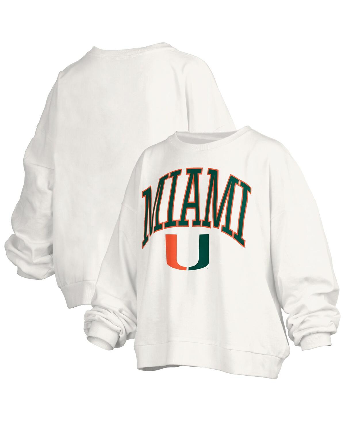 Women's White Miami Hurricanes Janise Arch Over Logo Waist Length Oversized Pullover Sweatshirt - White