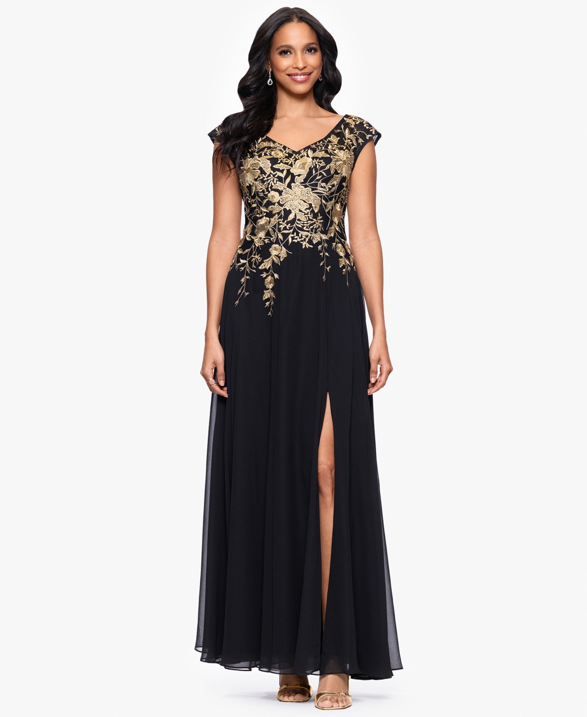 Petites Chiffon V-Neck Long A-Line Dress - Black, Gold