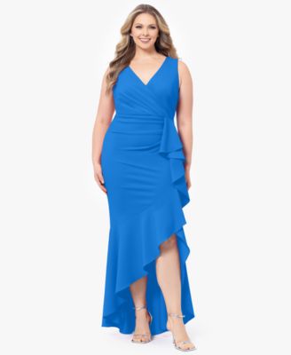 Betsy & Adam - Plus Size Sleeveless Ruffled High-Low Gown