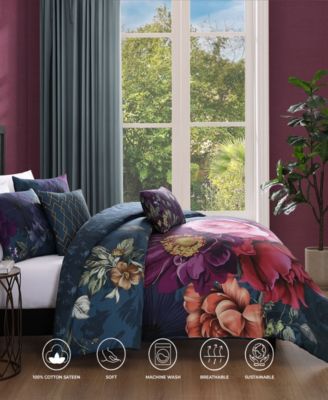 Vibrant Flora Bedding 100% Cotton Sateen 5 Piece Queen Size Reversible Comforter Set