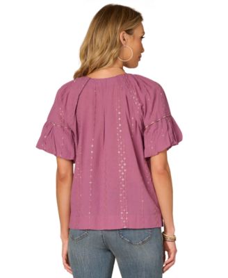 Petite Cotton Embroidered Bubble-Sleeve Top
