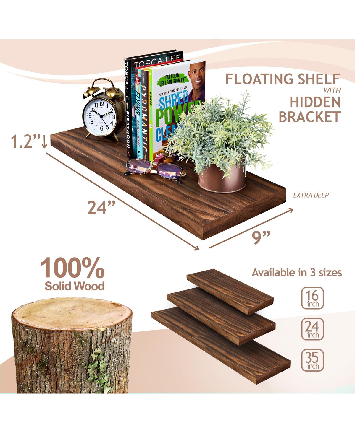 Sorbus 2 Pack 24" Solid Wood Floating Shelves - for Bathroom Decor, Books, Bedroom & Living Room