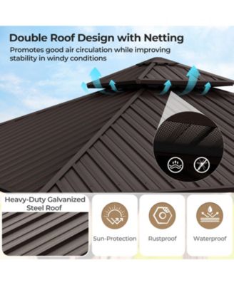 12 x 12 Feet Double-Roof Patio Hardtop Gazebo with Galvanized Steel Roof Netting and Curtains