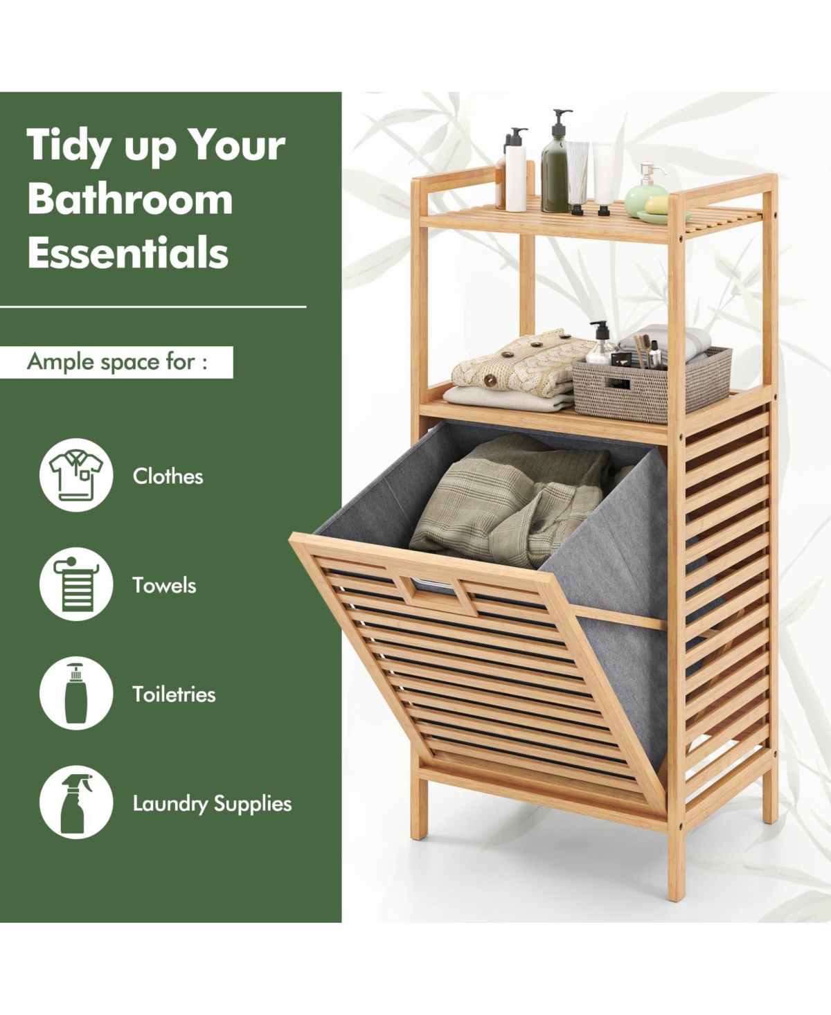 Volenca 2-Tier Bamboo Tilt out Laundry Hamper with Foldable and Removable Basket