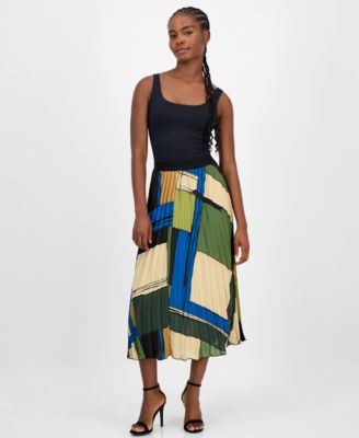 T Tahari - Women's Printed Pleated Flared Midi Skirt