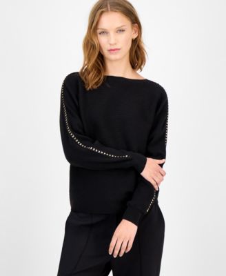 T Tahari - Women's Chain-Trim Boat-Neck Sweater