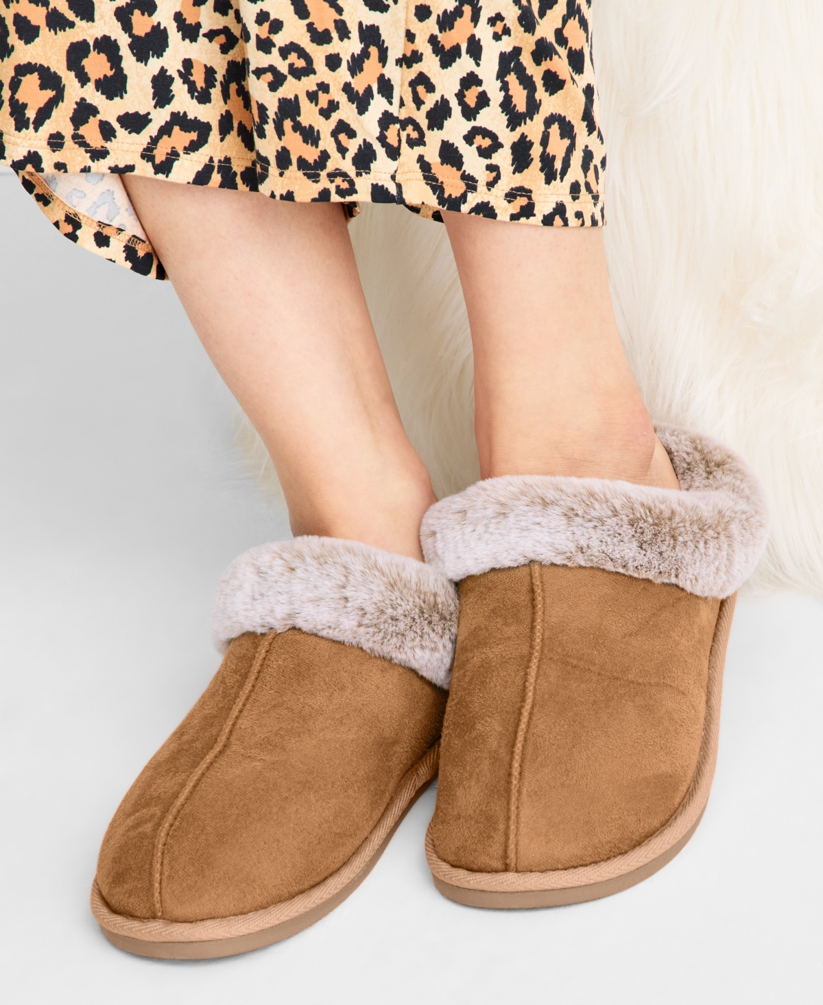 State Of Day Women's Boxed Faux-fur-collar Clog Slippers, Macy's Exclusive In Brown