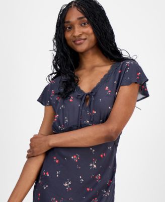 Women's Floral-Print Lace-Trim Slip Dress